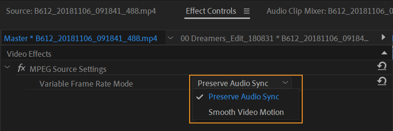 Opciones de sincronización de audio y vídeo para material de archivo de tipo VFR