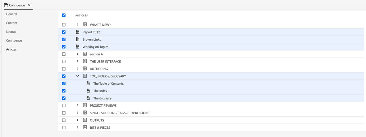 Confluence articles settings