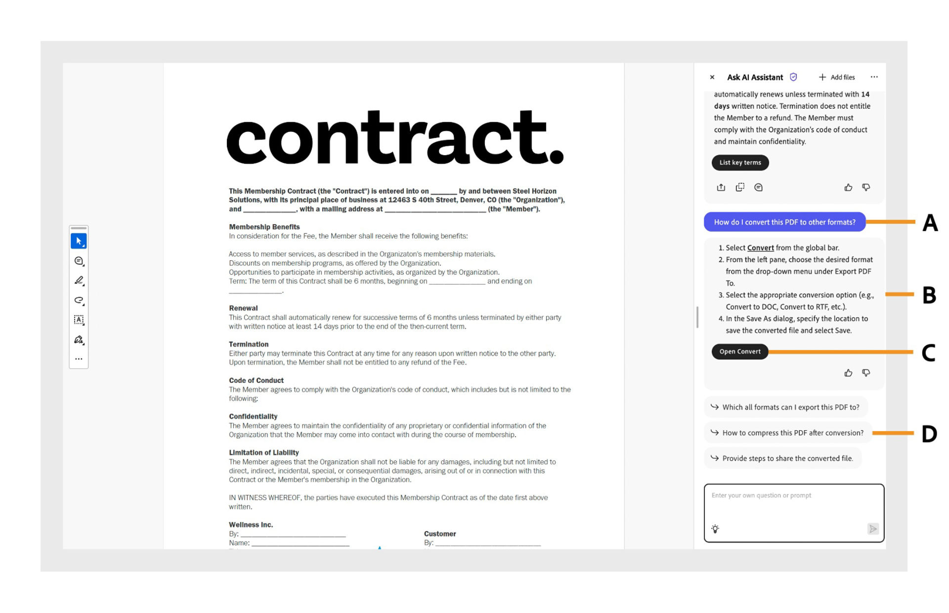 The AI-powered help panel is open. The panel displays query asked by the user with easy instructions, quick-access links and suggested questions to complete the task. 