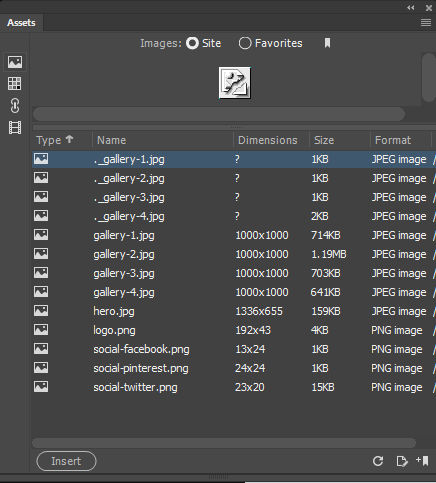 Assets panel in Live view