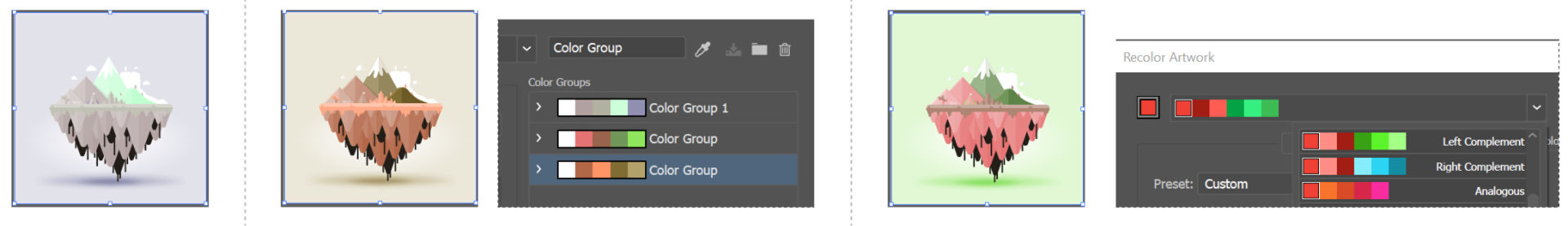 Original artwork colors (top), assigning new colors by selecting a color group in the Color Groups list (center), and assigning new colors by creating a new color group using the Harmony Rules menu (bottom)
