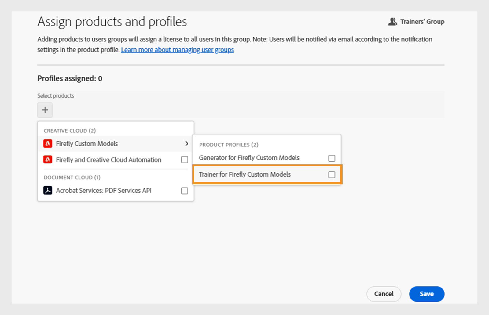 The Assign products and profiles wizard with the Trainer for Firefly Custom Models product profile highlighted.