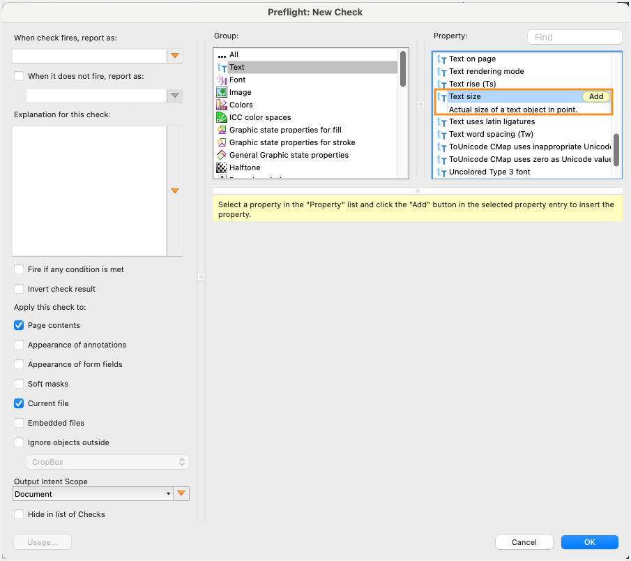 The Preflight: New Check dialog box is shown. A property is highlighted. 