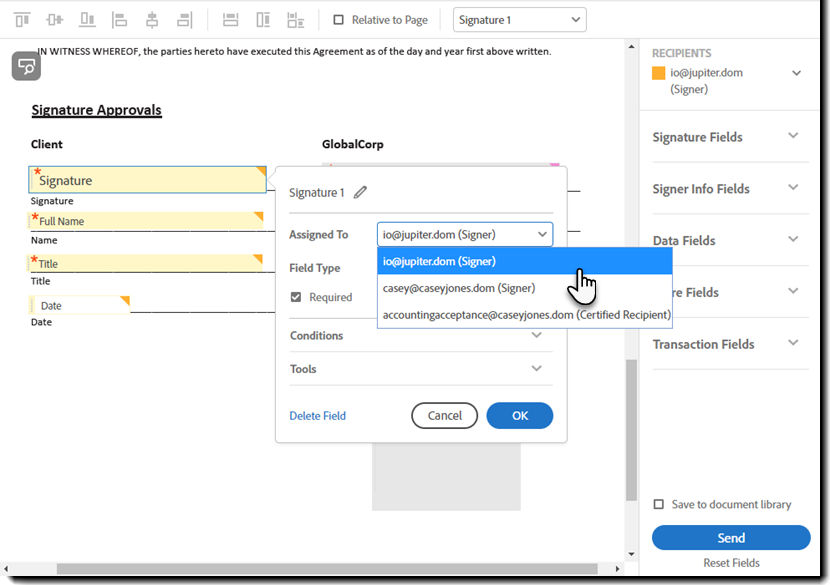 The Role selector in the Field properties