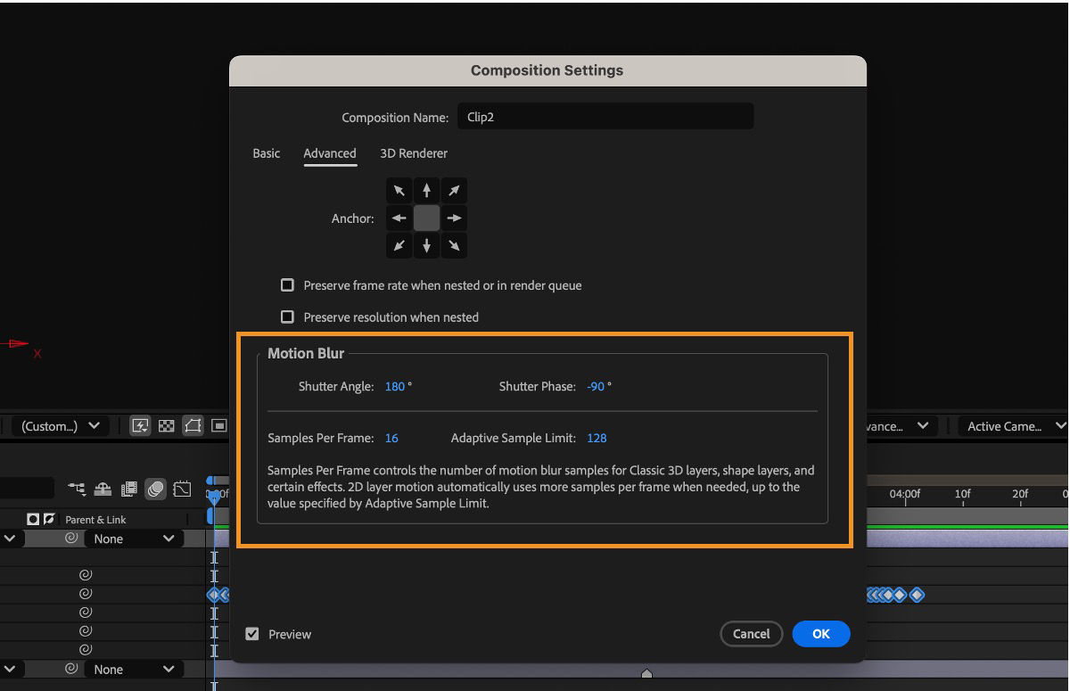 The Composition Settings dialog box is open and it has the options to configure for Motion Blur including Shutter Angle, Shitter Phase, and more.