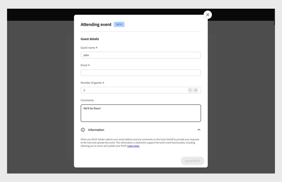 RSVP form for an event, with fields for guest name, email, number of guests, and comments, plus a “Send RSVP” button.