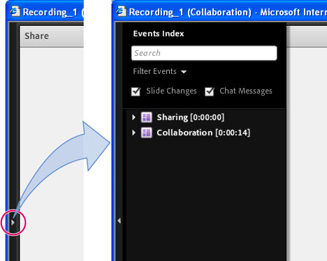 Events Index pane; Click the highlighted control to show and hide the pane.