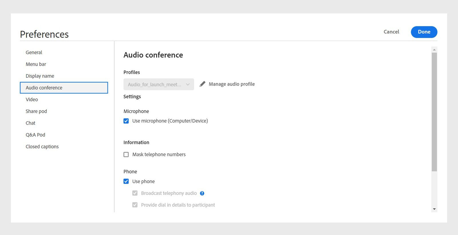 Audio conference preferences showing the options to manage audio conference settings