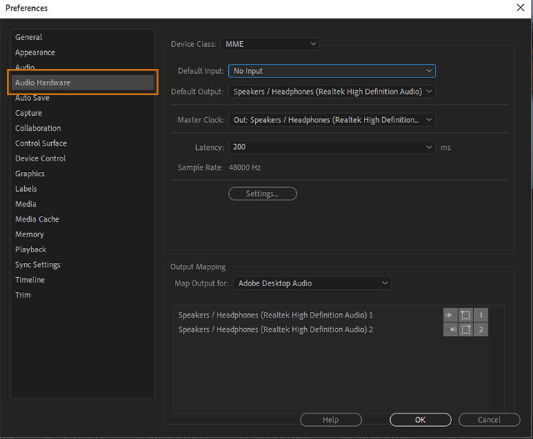 Setting audio hardware preferences