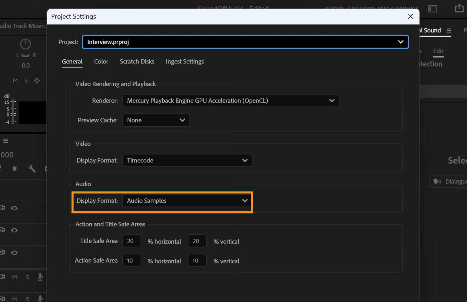The Preferences dialog box is open, General tab is selected and in the Audio panel, Display Format field the option Audio Samples is selected..