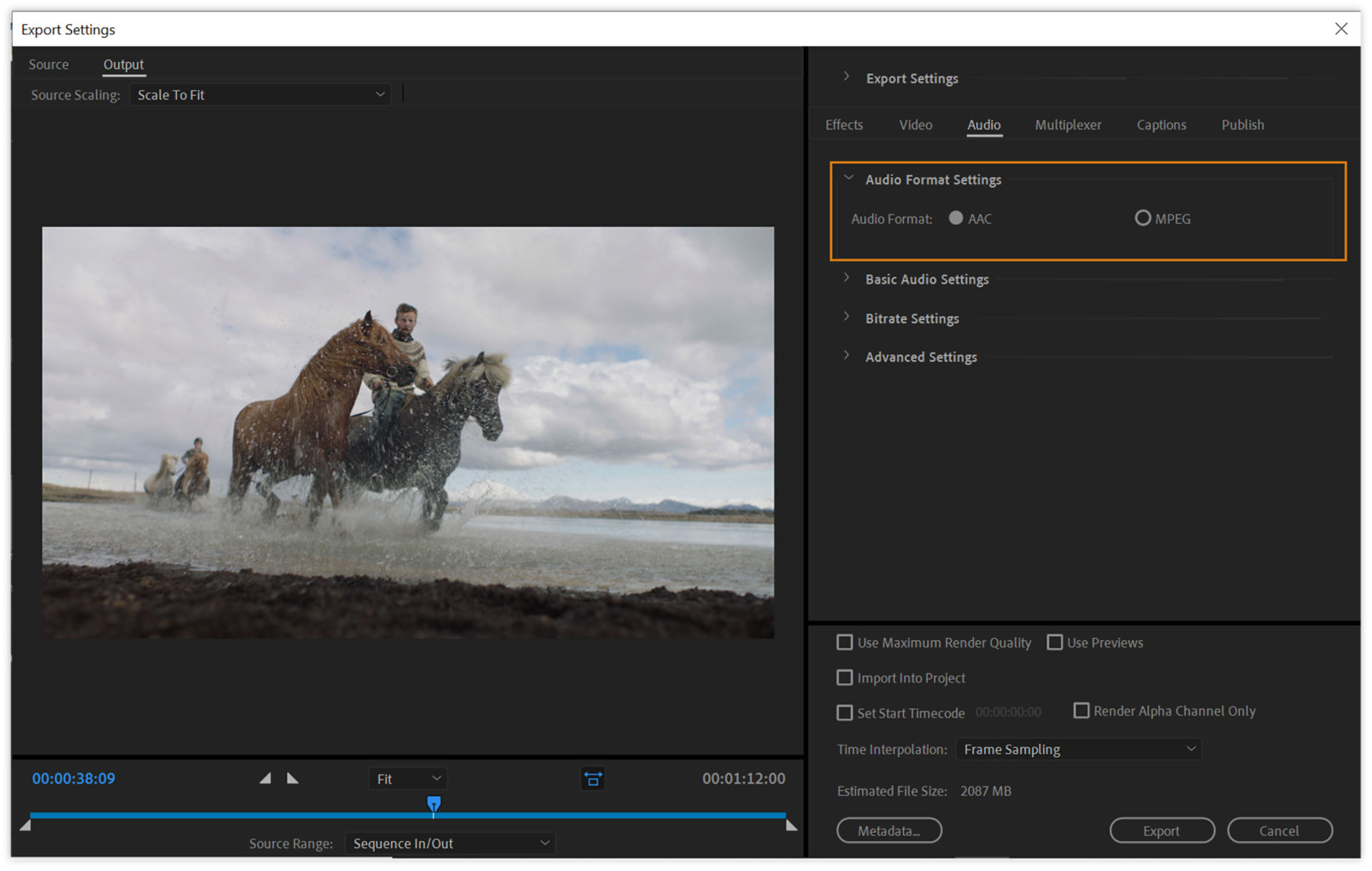 Audio format settings