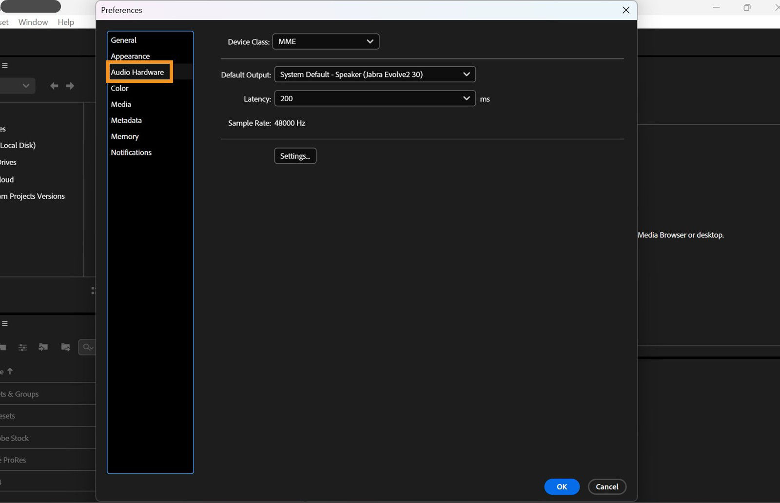 The Preferences dialog box is open, the Audio Hardware tab is selected, and the fields and options in the Audio Hardware tab are displayed. 