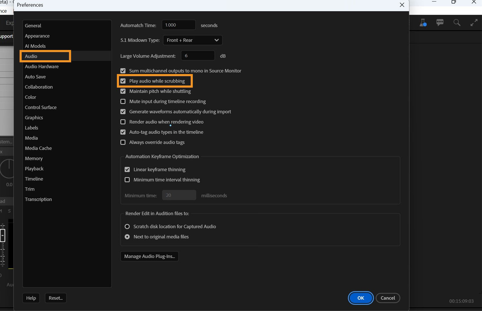 The audio Preferences dialog is open and the option Play audio while scrubbing is highlighted. 