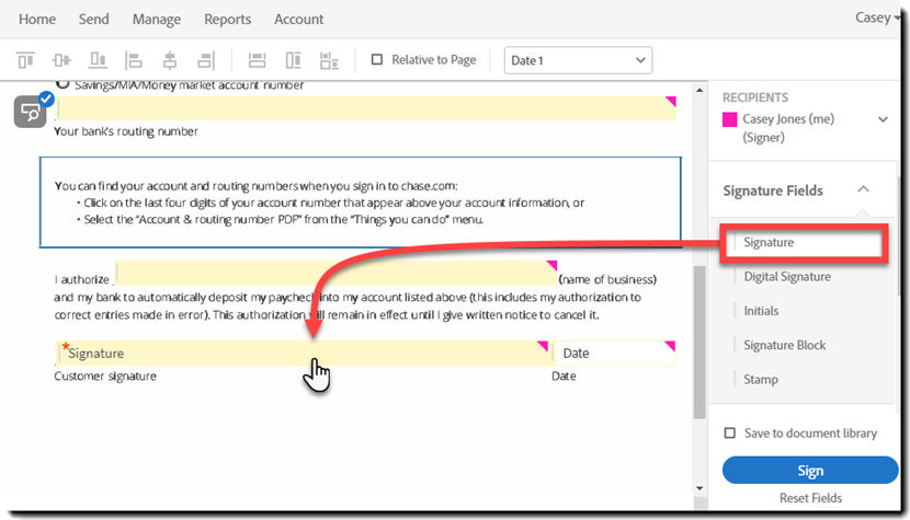 Self-sign authoring - manual field placement