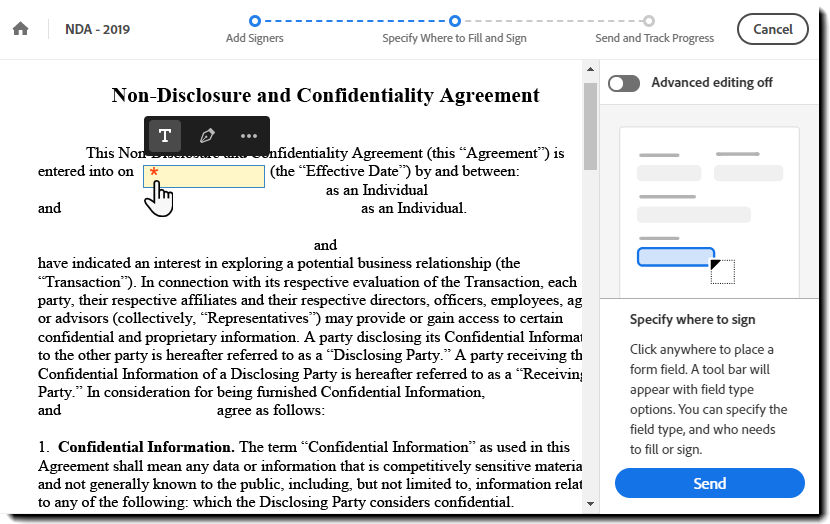 Specify where to fill and sign in simplified mode