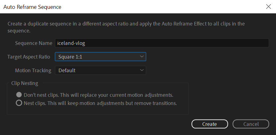 Wählen Sie eine Option aus, um einen Auto-Reframe-Vorgang für den ausgewählten Clip oder die ausgewählte Sequenz auszuführen.