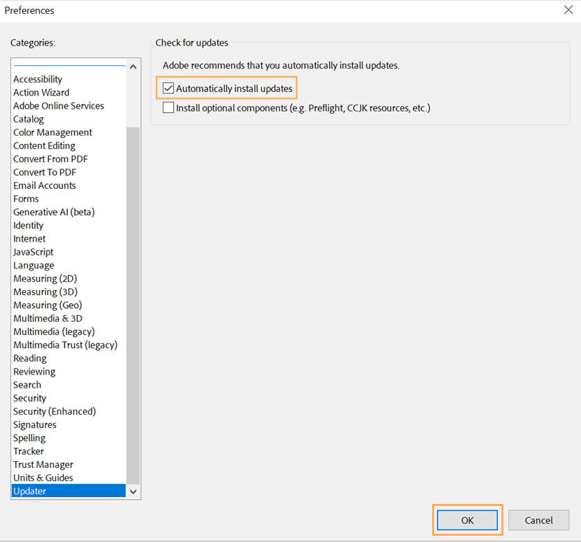 Enable auto installing of update in Adobe Acrobat