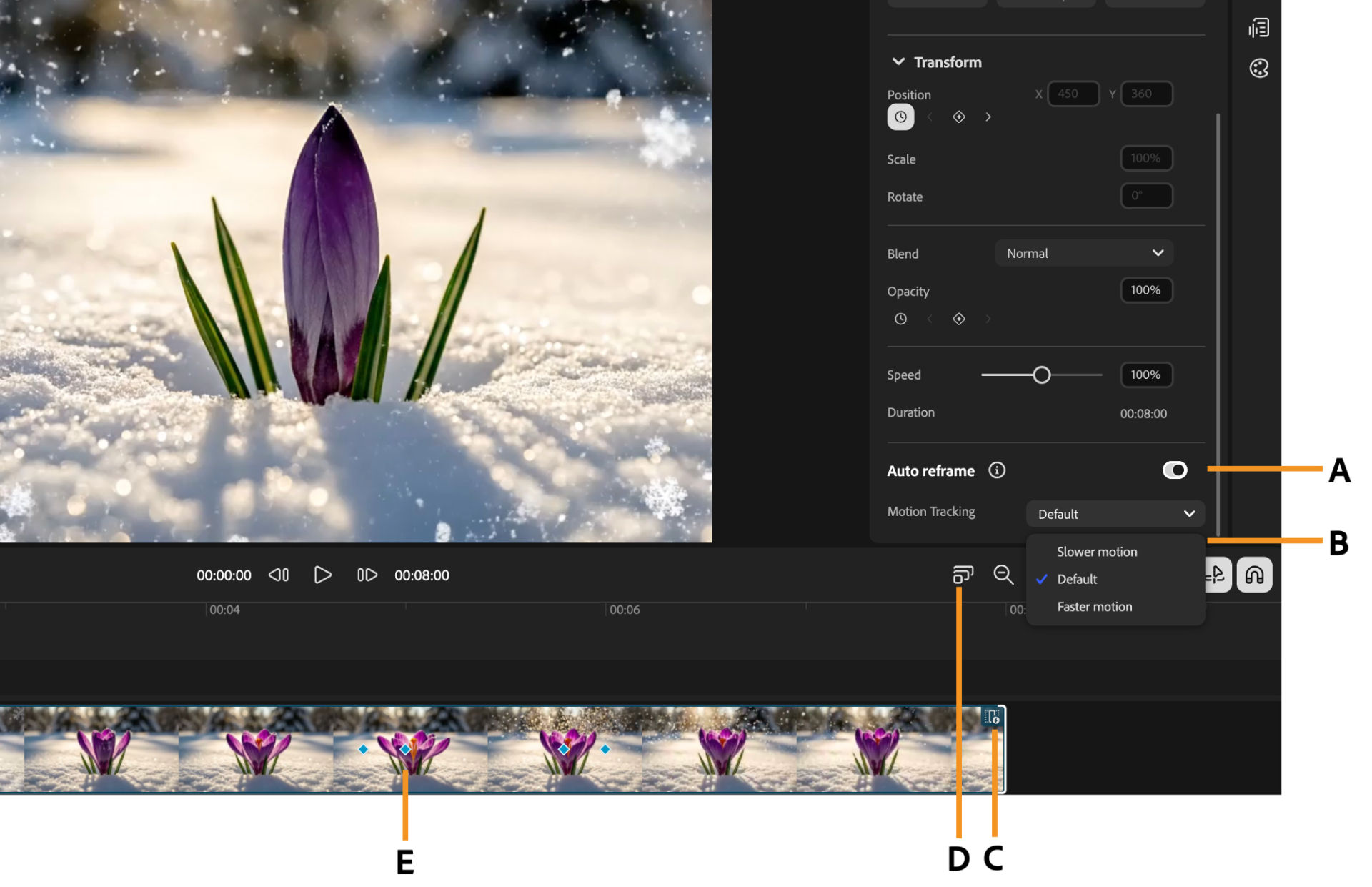 Firefly video editor's interface shows a purple flower in snow with Auto Reframe turned on. Labels identify the Auto Reframe toggle (A), the Motion Tracking menu with Slower motion, Default, and Faster motion options (B), the Auto Reframe indicator on the clip (C), Aspect ration (D), and the motion-tracking keyframes on the timeline (E)
