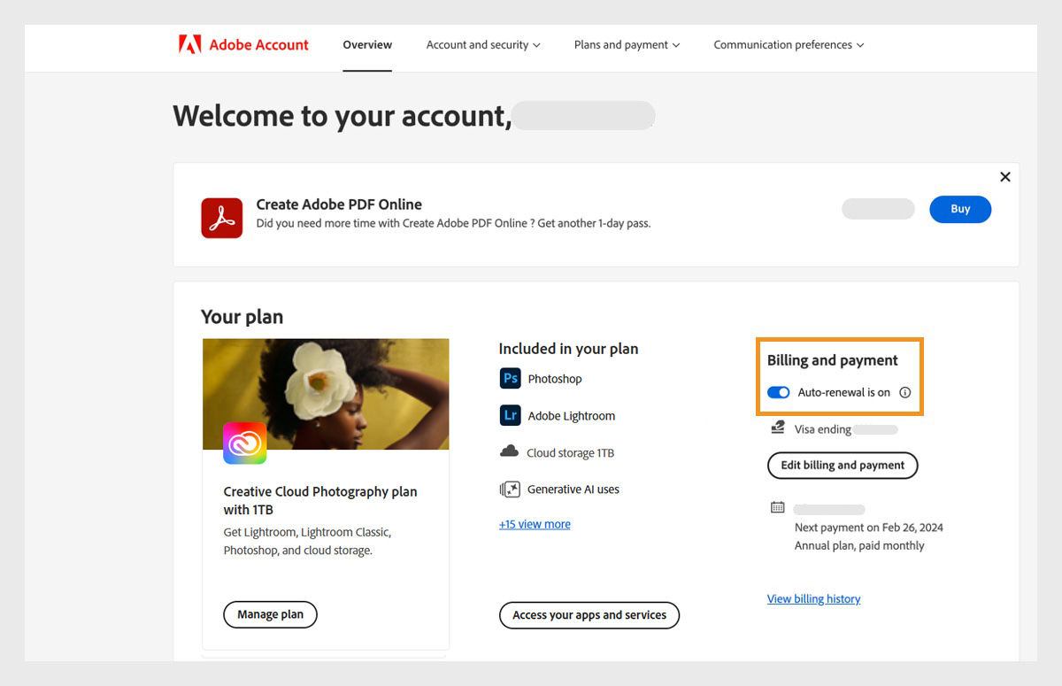 Adobe Account home page displays the auto-renewal toggle and other account-related information.
