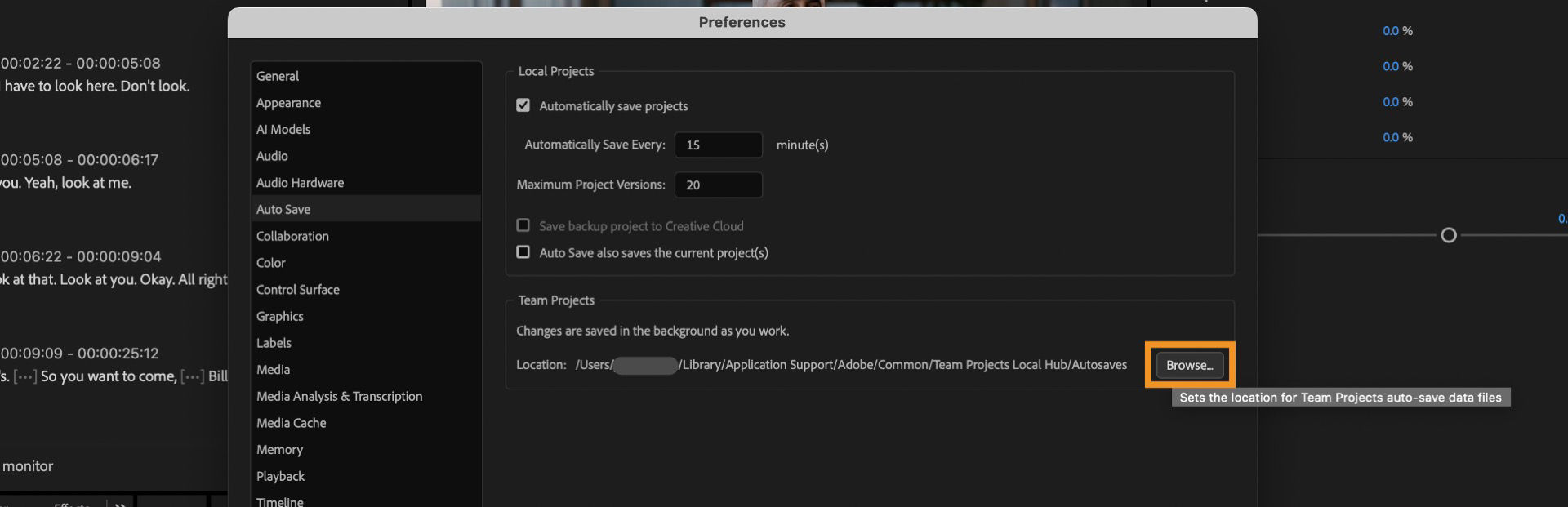The Preferences dialog box is open and in the Auto Save panel, under the Team Projects section, the Browse option is highlighted to change the location for auto save cache.