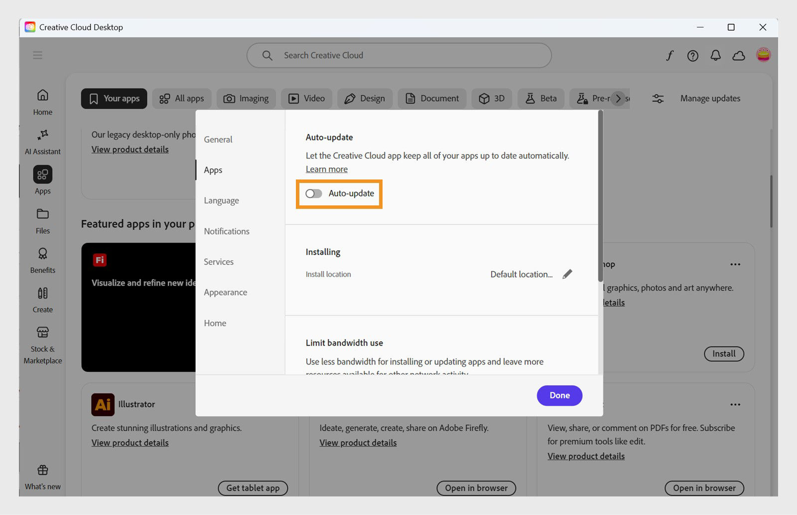 The Apps tab in the Preferences window provides the option to turn on Auto-update for all apps. Once turned on, you can turn it on or off for individual apps. 