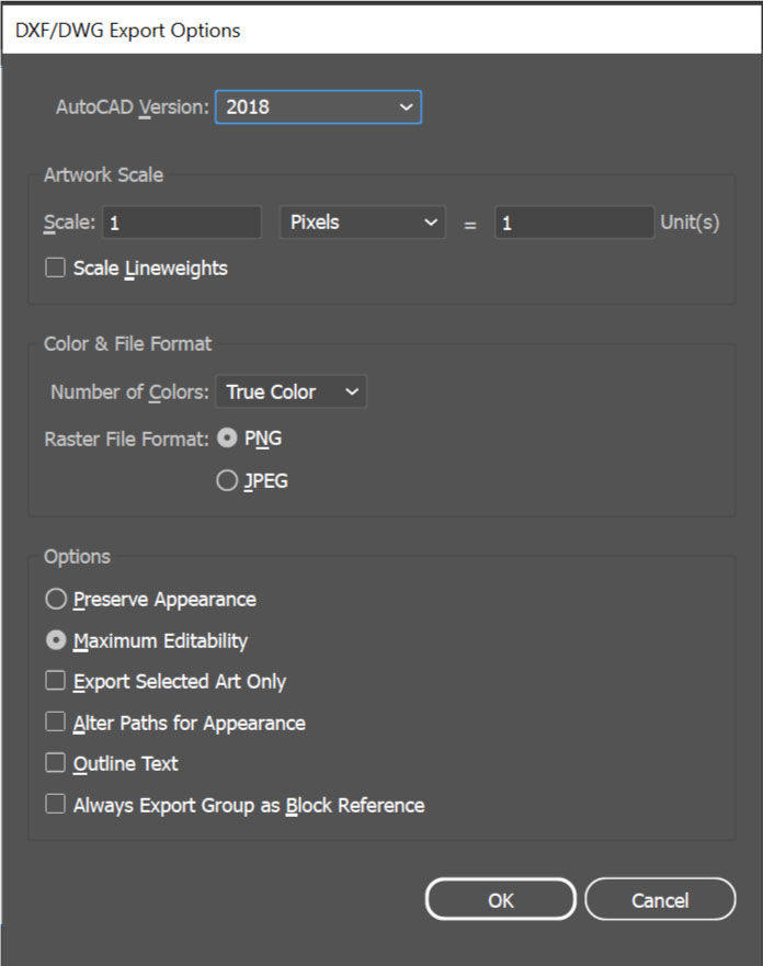 Auto CAD DXF/DWG Export Options dialog box