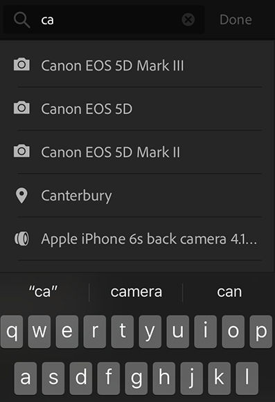 Autocomplete suggestions in Lightroom CC for mobile (iOS)