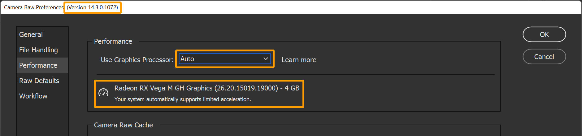 Important information from the Preferences dialog box in Camera Raw. The Performance Preferences in Lightroom reports the same information.