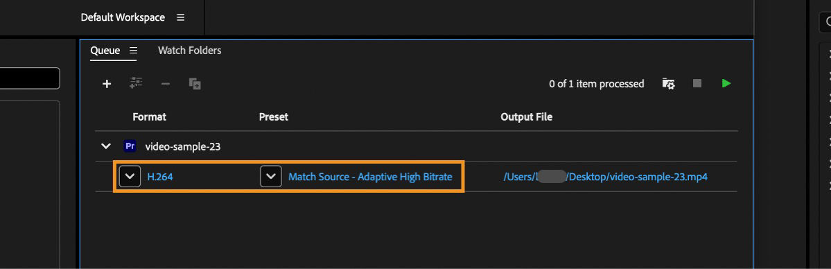 Media Encoder queue showing H.264 format and Match Source - Adaptive High Bitrate preset selected for export.