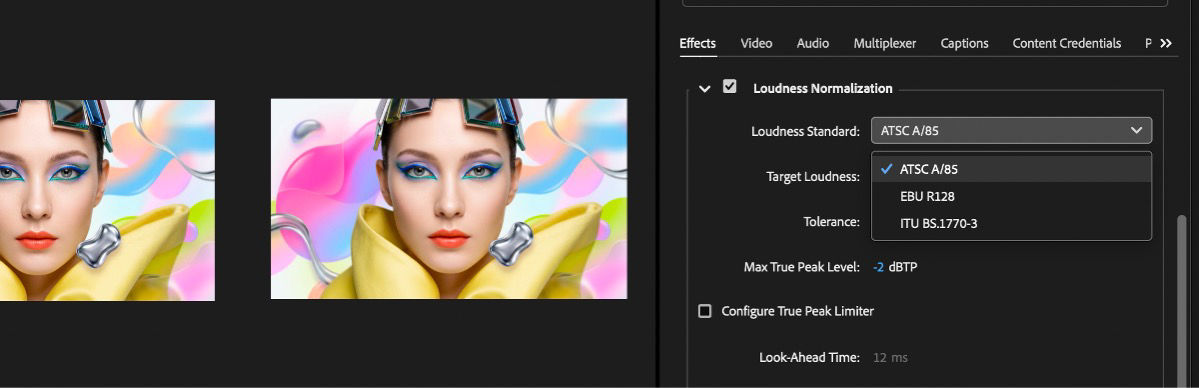 Loudness Standard dropdown open, showing ATSC A/85, EBU R128, and ITU BS.1770-3 options.