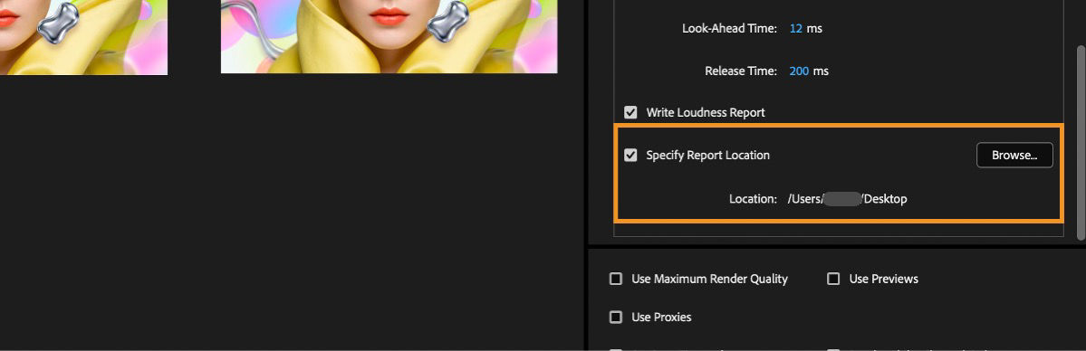 Specify Report Location enabled with Browse button to set the loudness report save destination.
