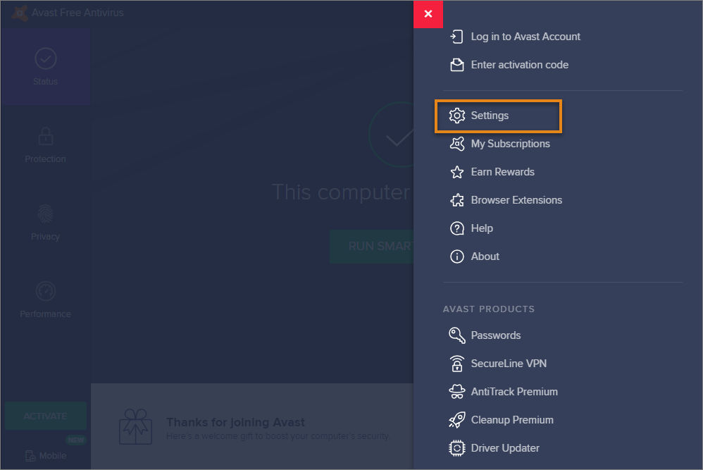 Avast settings