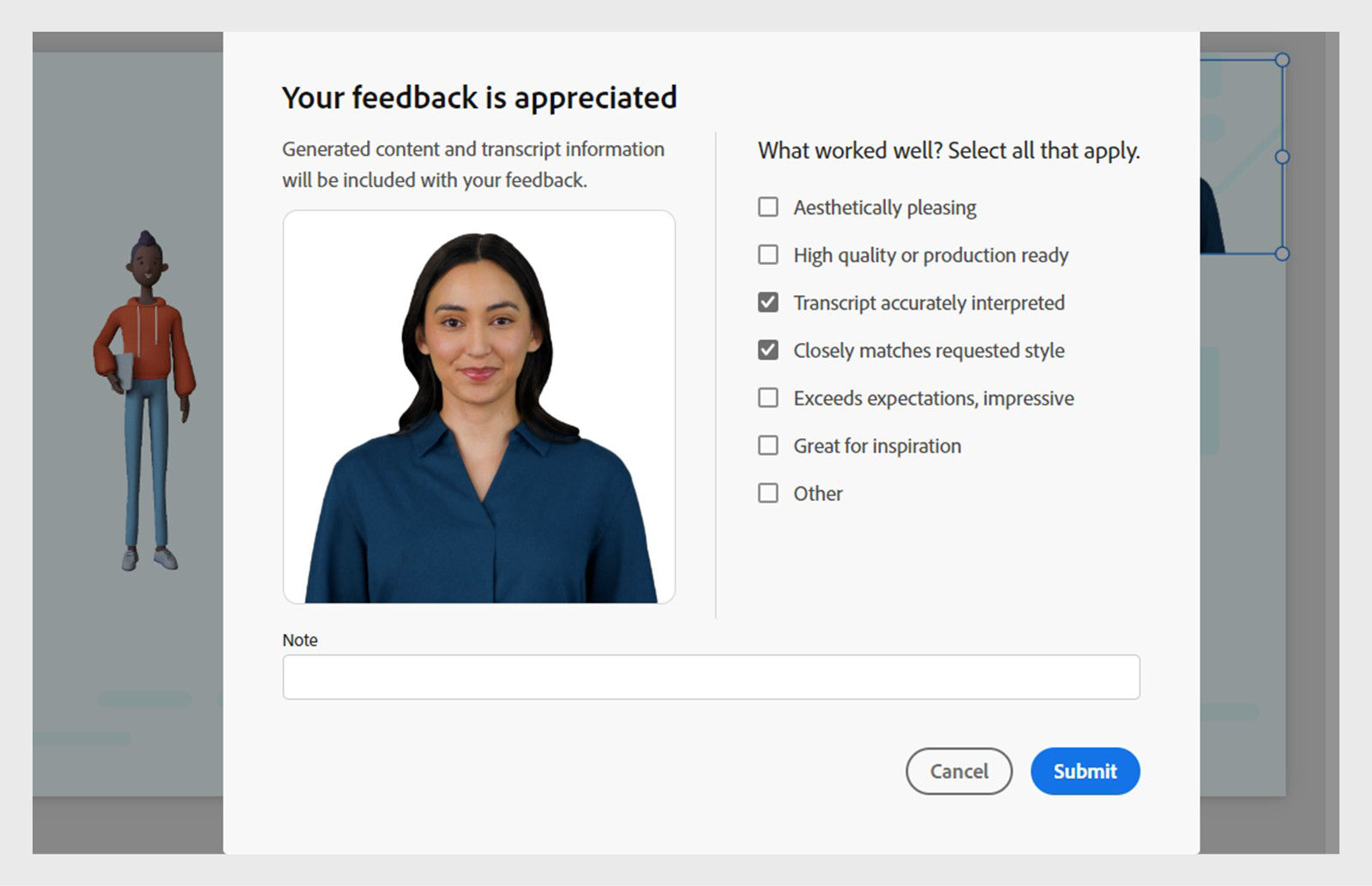 A feedback form with check boxes and a text field for additional comments about avatar transcript quality.