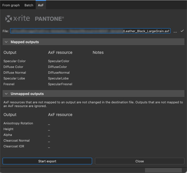 AxF: Export dialog