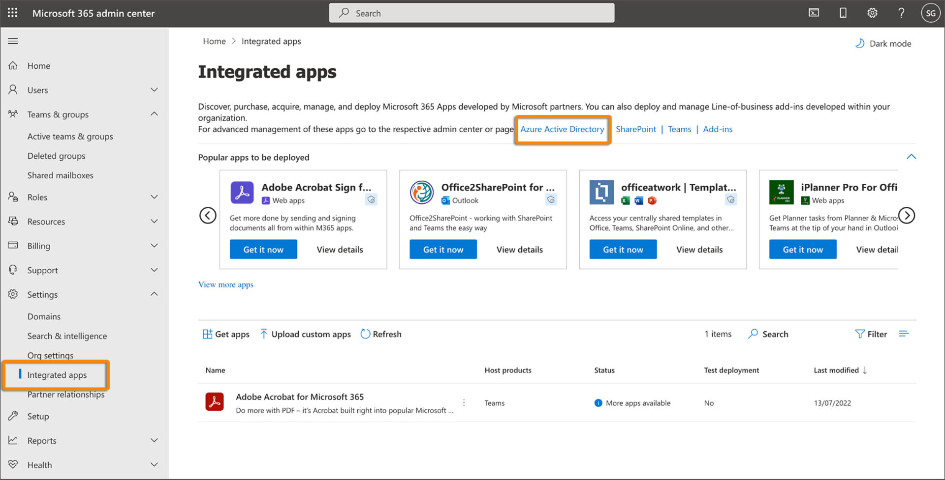 Open Azure Active Directory from the MS 365 admin center