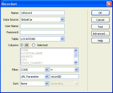 Recordset dialog box