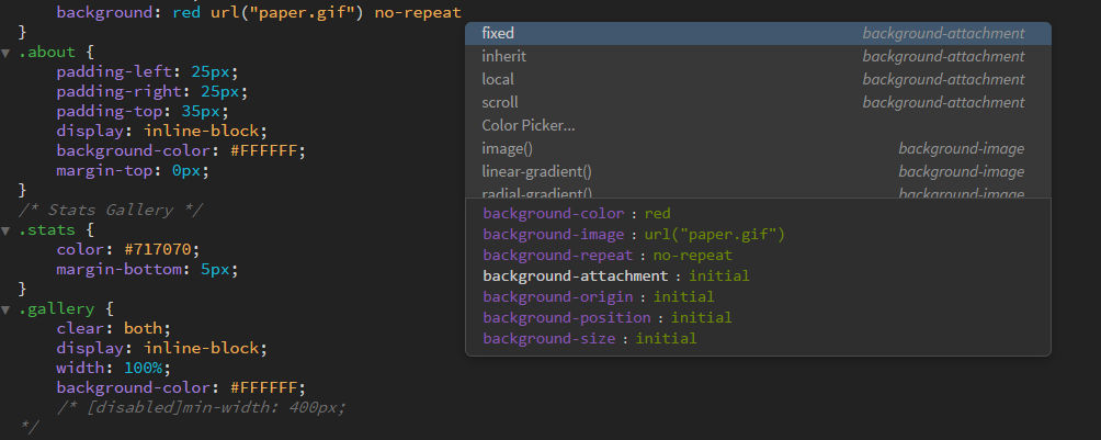 Code hints for background CSS property