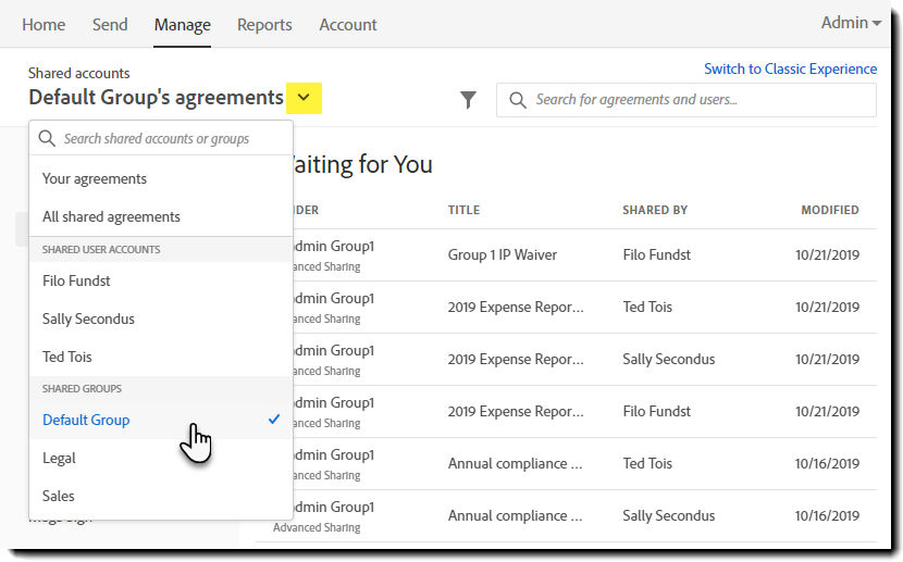 Legacy account sharing on the new manage page
