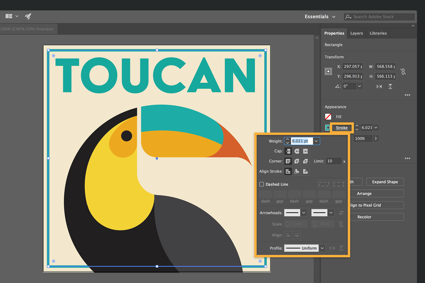 Stroke options such as weight, dashed line, and caps are modified in the Appearance < Stroke menu under the Properties panel.