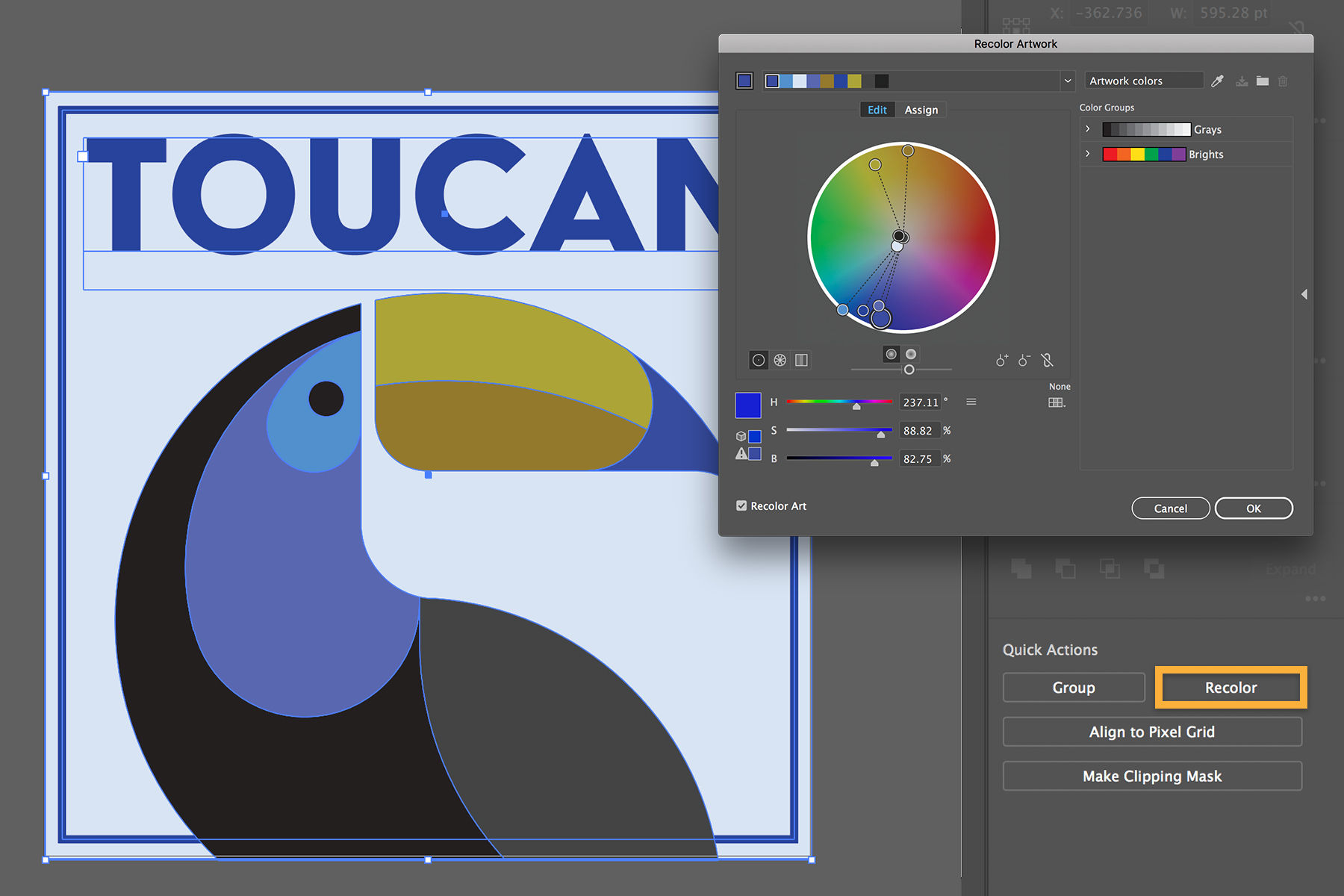 The toucan artwork is recolored using Recolor Artwork under the Properties panel < Quick Actions menu.  