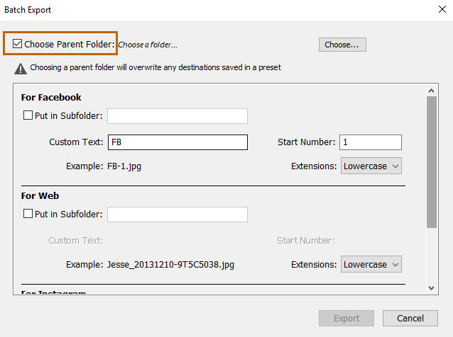 Batch Export dialog box
