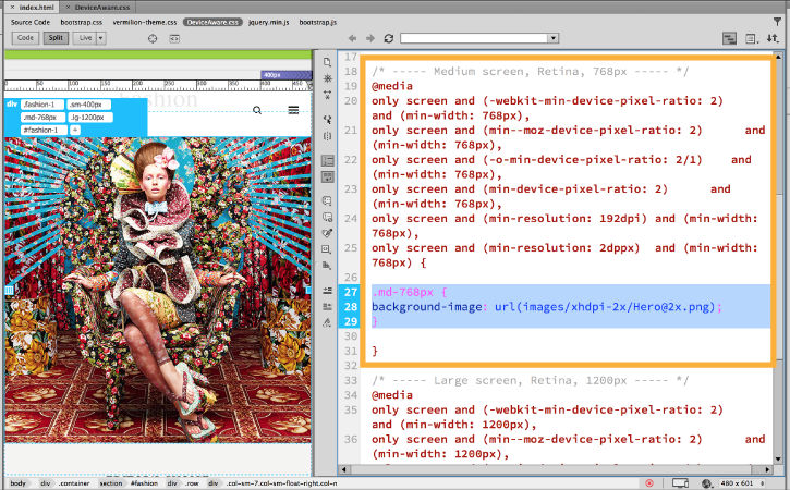 The background image for each of the media queries is set in the CSS stylesheet