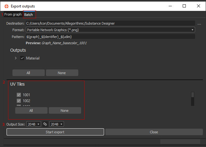 Batch export outputs dialog