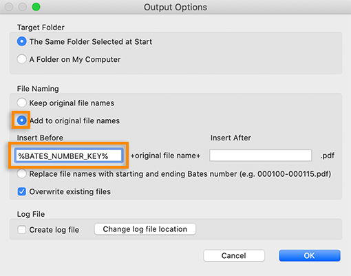 Add Bates number to file name