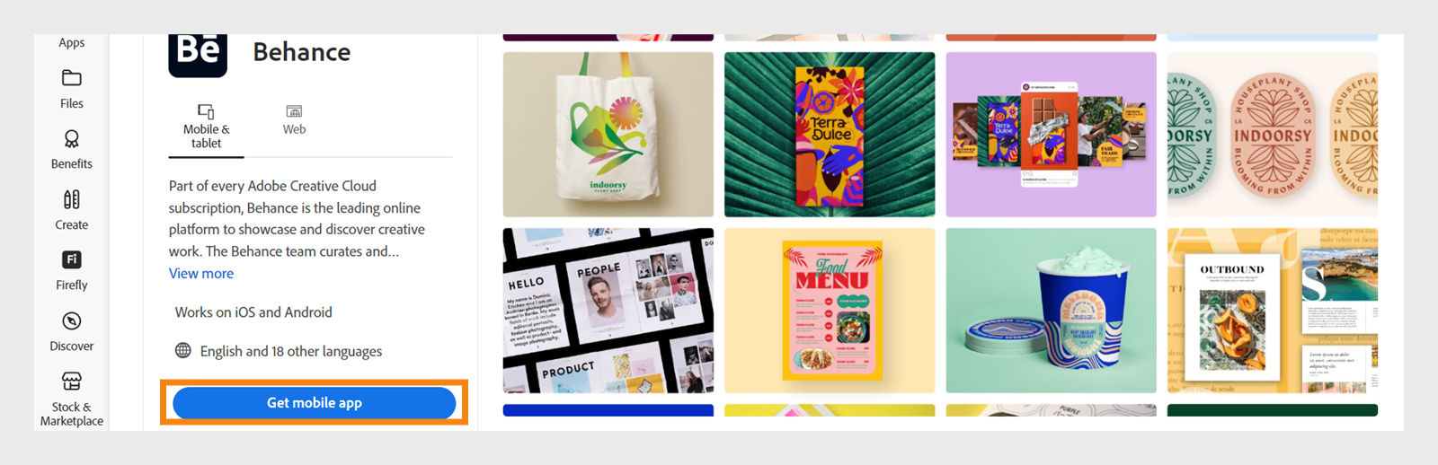 Seleccione el botón Obtener la aplicación móvil de color azul en el panel izquierdo debajo de Behance para recibir el vínculo de descarga en su móvil.