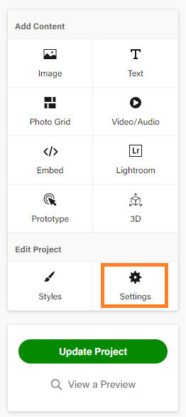 Project settings in Behance