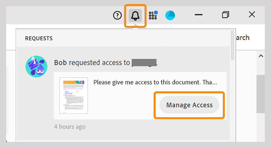 Notifications for managing access on shared files