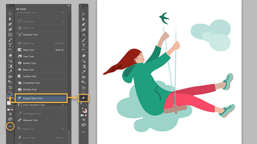 Select the Puppet Warp tool in the All Tools menu, drag it over the Toolbar and release it when a blue line appears