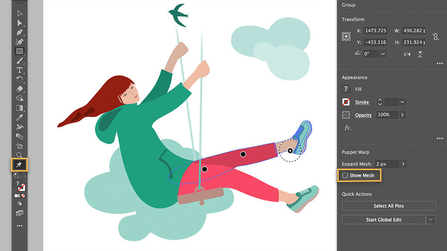 Image in progress of girl on swing, with Show Mesh highlighted in the tool panel
