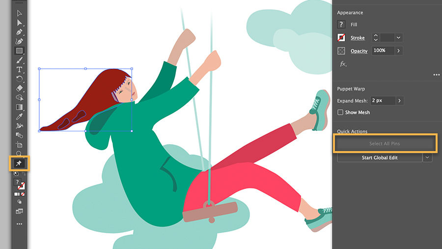 Image of girl on a swing with a selection area around her head, Select All Pins is highlighted in tool options
